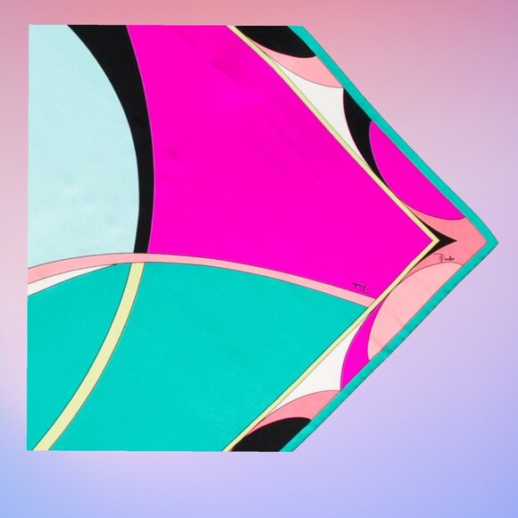 🎈 [Emilio Pucci] SILK Printed Scarf Foulards ITALY Pink Green Black White NEW - Picture 6 of 10